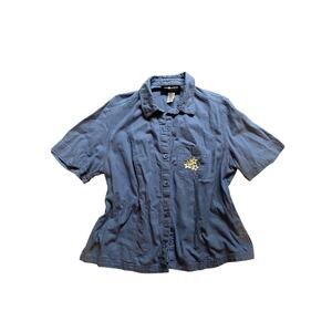 Vintage Embroidered Linen Denim Button Up Top 1X Floral Cottage Granola Heritage